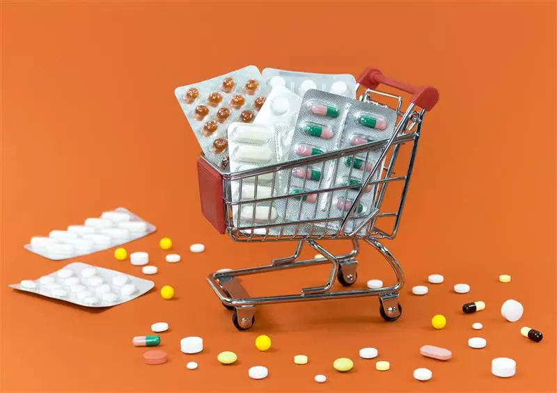 high-angle-shopping-cart-with-pill-foils